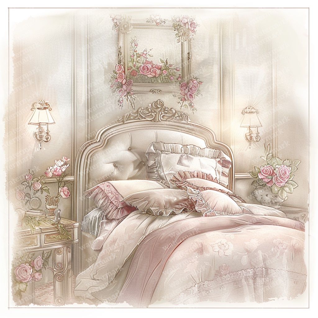 【商用利用可】ヴィンテージ花柄ベッドルーム(水彩インテリア)クリップアート13点セット|高解像度JPG|ナチュラル・コラージュ・ジャンクジャーナル素材|即ダウンロード