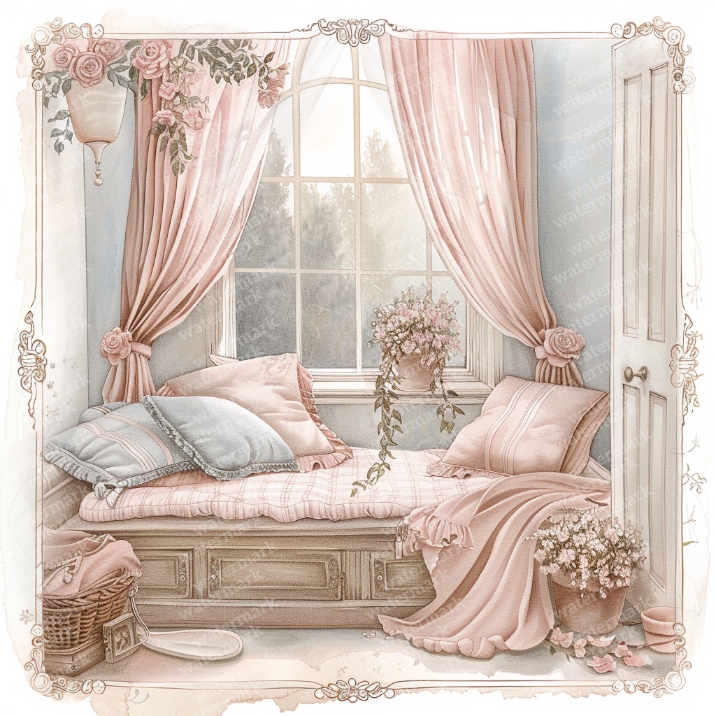 【商用利用可】ヴィンテージ花柄ベッドルーム(水彩インテリア)クリップアート13点セット|高解像度JPG|ナチュラル・コラージュ・ジャンクジャーナル素材|即ダウンロード