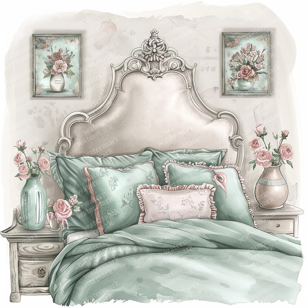 【商用利用可】ヴィンテージ花柄ベッドルーム(水彩インテリア)クリップアート13点セット|高解像度JPG|ナチュラル・コラージュ・ジャンクジャーナル素材|即ダウンロード