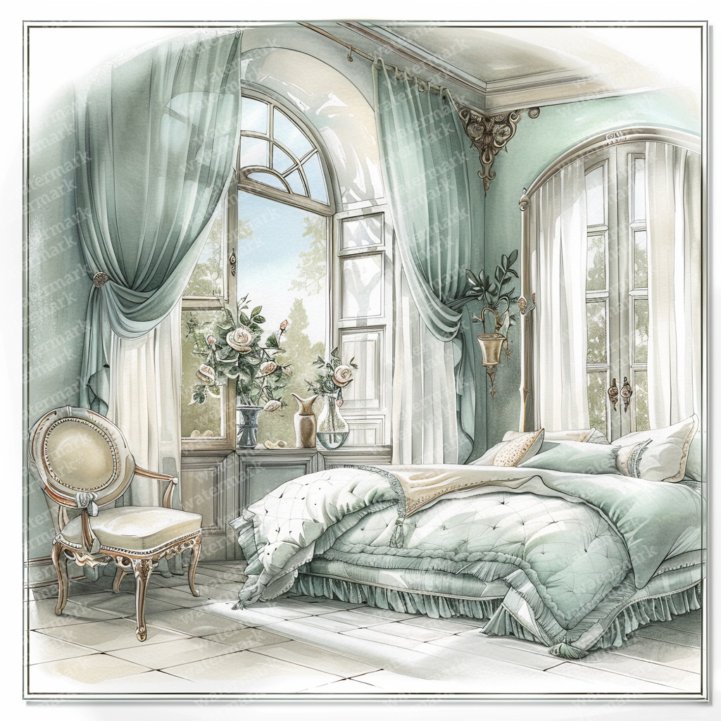 【商用利用可】ヴィンテージ花柄ベッドルーム(水彩インテリア)クリップアート13点セット|高解像度JPG|ナチュラル・コラージュ・ジャンクジャーナル素材|即ダウンロード