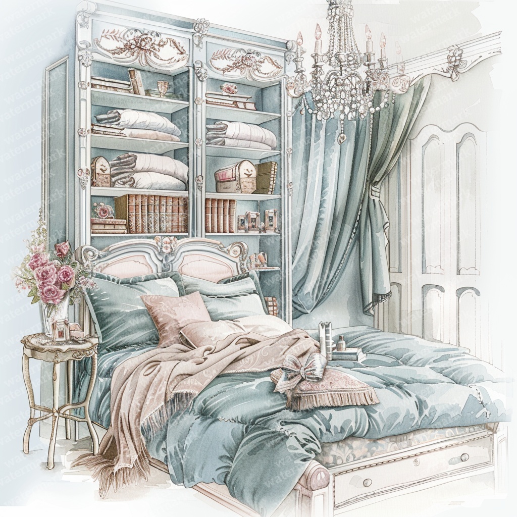 【商用利用可】ヴィンテージ花柄ベッドルーム(水彩インテリア)クリップアート13点セット|高解像度JPG|ナチュラル・コラージュ・ジャンクジャーナル素材|即ダウンロード