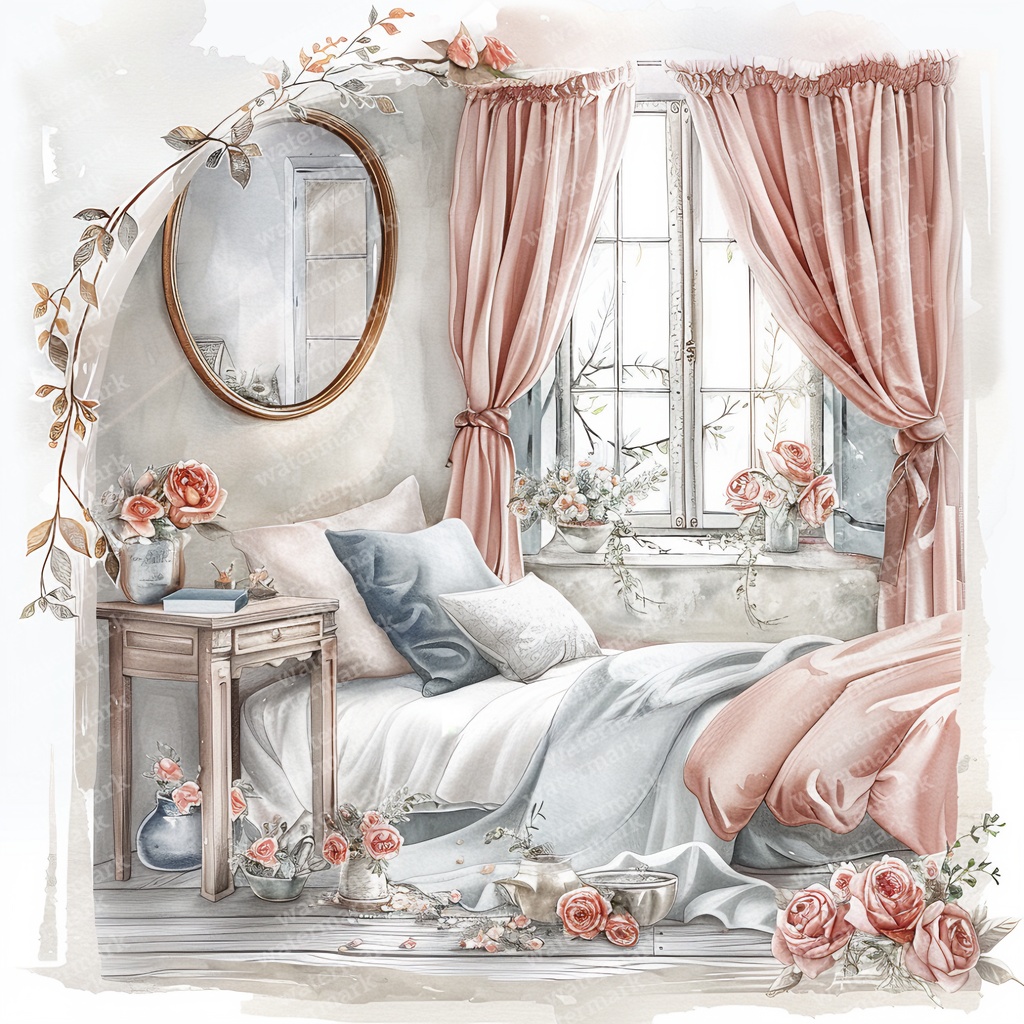 【商用利用可】ヴィンテージ花柄ベッドルーム(水彩インテリア)クリップアート13点セット|高解像度JPG|ナチュラル・コラージュ・ジャンクジャーナル素材|即ダウンロード