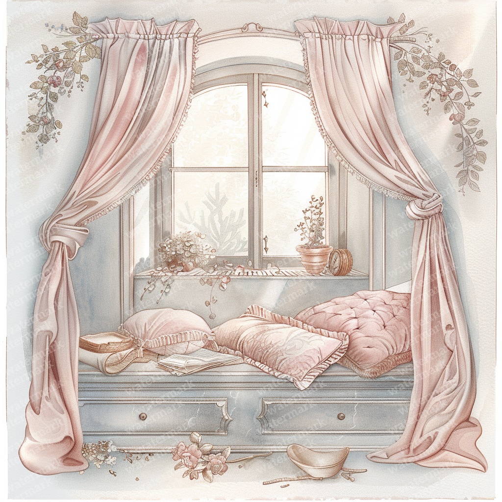 【商用利用可】ヴィンテージ花柄ベッドルーム(水彩インテリア)クリップアート13点セット|高解像度JPG|ナチュラル・コラージュ・ジャンクジャーナル素材|即ダウンロード