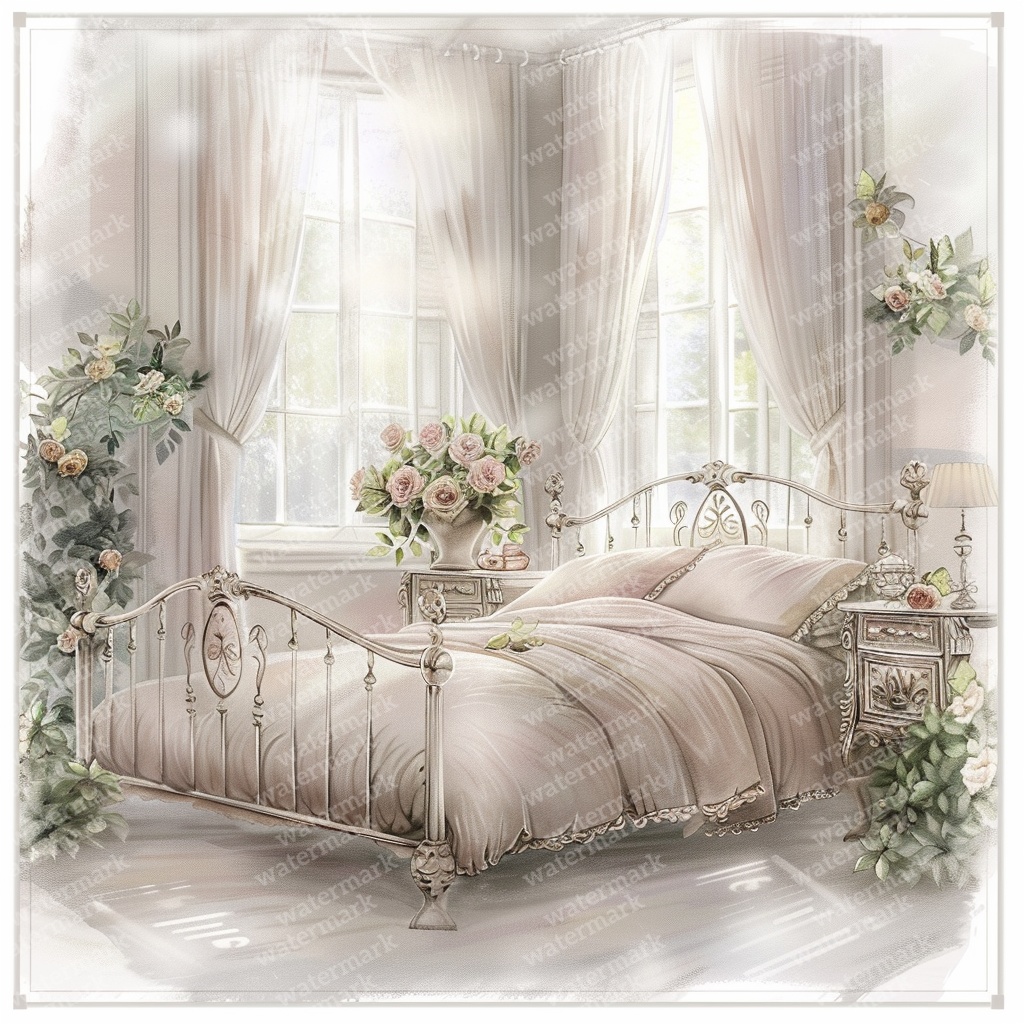 【商用利用可】ヴィンテージ花柄ベッドルーム(水彩インテリア)クリップアート13点セット|高解像度JPG|ナチュラル・コラージュ・ジャンクジャーナル素材|即ダウンロード