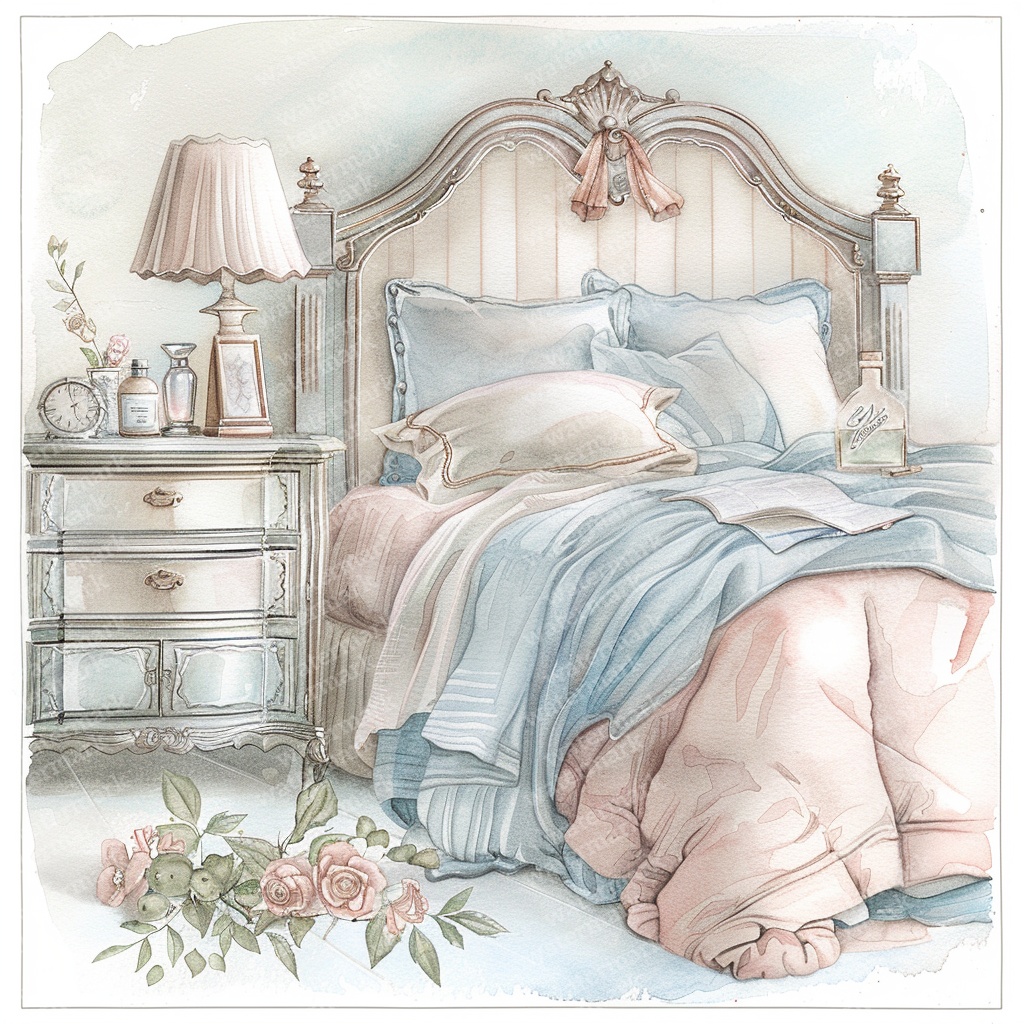 【商用利用可】ヴィンテージ花柄ベッドルーム(水彩インテリア)クリップアート13点セット|高解像度JPG|ナチュラル・コラージュ・ジャンクジャーナル素材|即ダウンロード