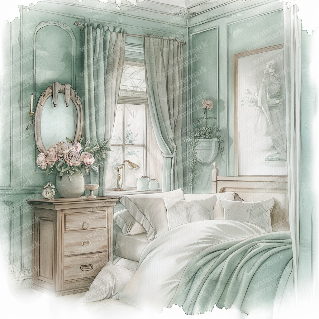 【商用利用可】ヴィンテージ花柄ベッドルーム(水彩インテリア)クリップアート13点セット|高解像度JPG|ナチュラル・コラージュ・ジャンクジャーナル素材|即ダウンロード