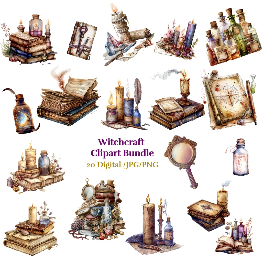 【商用利用可】魔女・ウィッチクラフト(水彩魔法モチーフ)クリップアート20点セット|高解像度・透過PNG|ハロウィン・コラージュ・ジャンクジャーナル素材|即ダウンロード