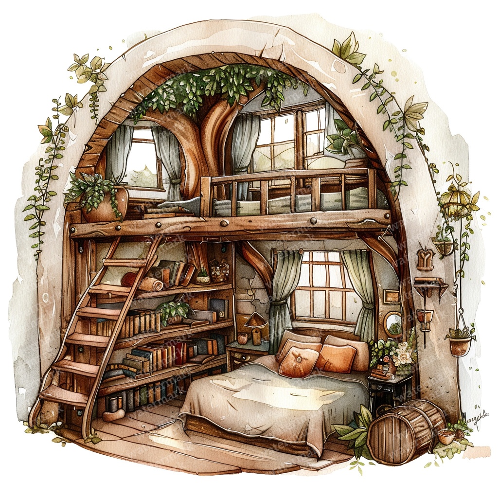 【商用利用可】妖精ツリーハウス室内(水彩フェアリーインテリア)クリップアート20点セット|高解像度・透過PNG|ファンタジー・コラージュ・ジャンクジャーナル素材|即ダウンロード