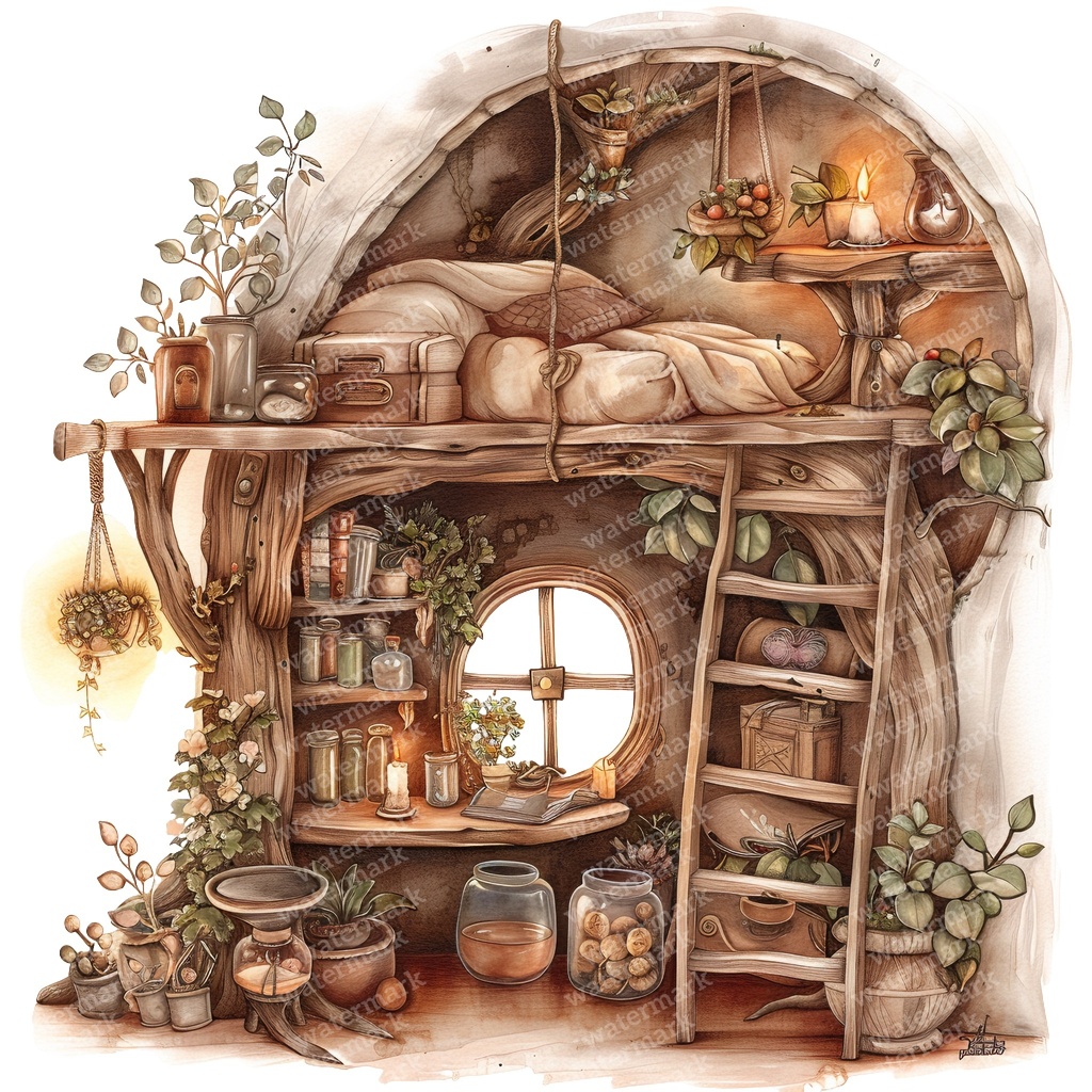 【商用利用可】妖精ツリーハウス室内(水彩フェアリーインテリア)クリップアート20点セット|高解像度・透過PNG|ファンタジー・コラージュ・ジャンクジャーナル素材|即ダウンロード