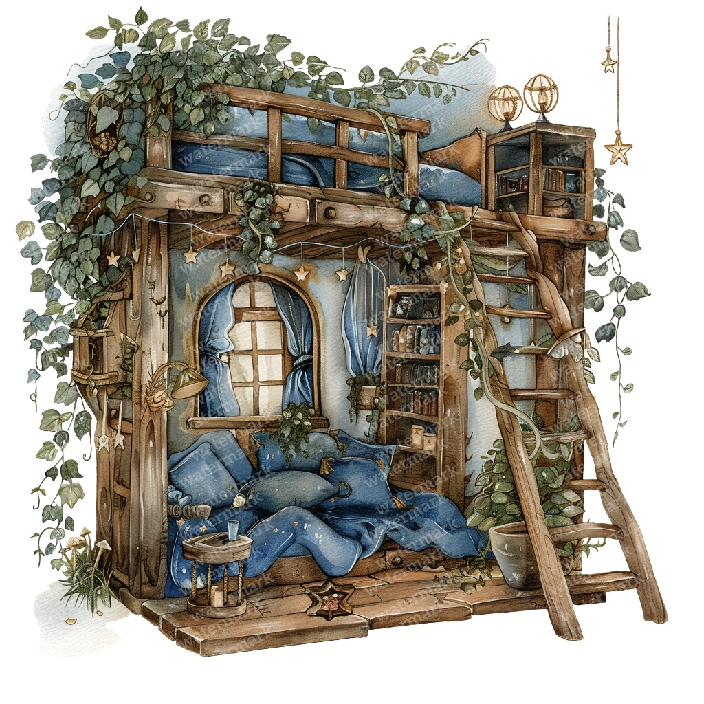 【商用利用可】妖精ツリーハウス室内(水彩フェアリーインテリア)クリップアート20点セット|高解像度・透過PNG|ファンタジー・コラージュ・ジャンクジャーナル素材|即ダウンロード