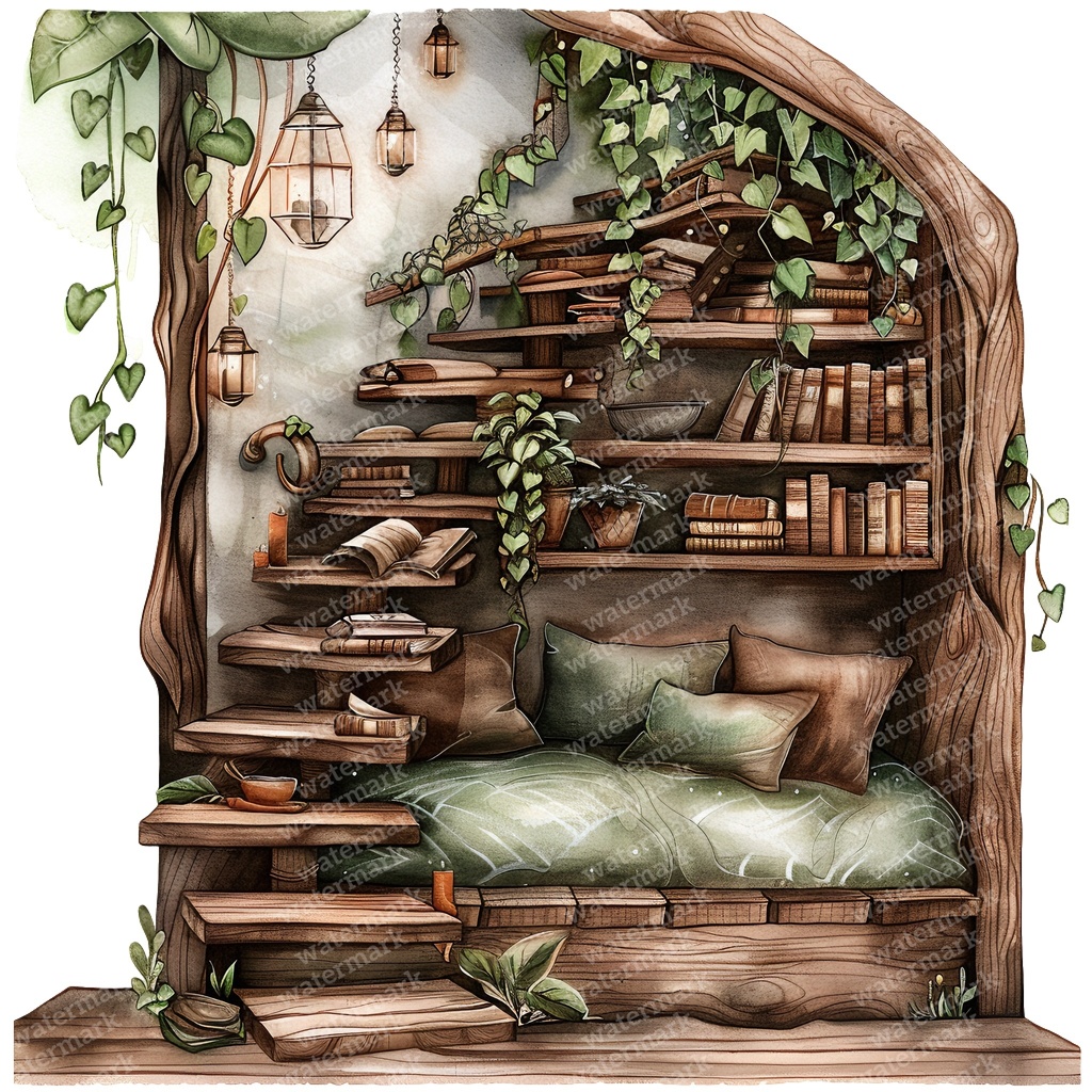 【商用利用可】妖精ツリーハウス室内(水彩フェアリーインテリア)クリップアート20点セット|高解像度・透過PNG|ファンタジー・コラージュ・ジャンクジャーナル素材|即ダウンロード