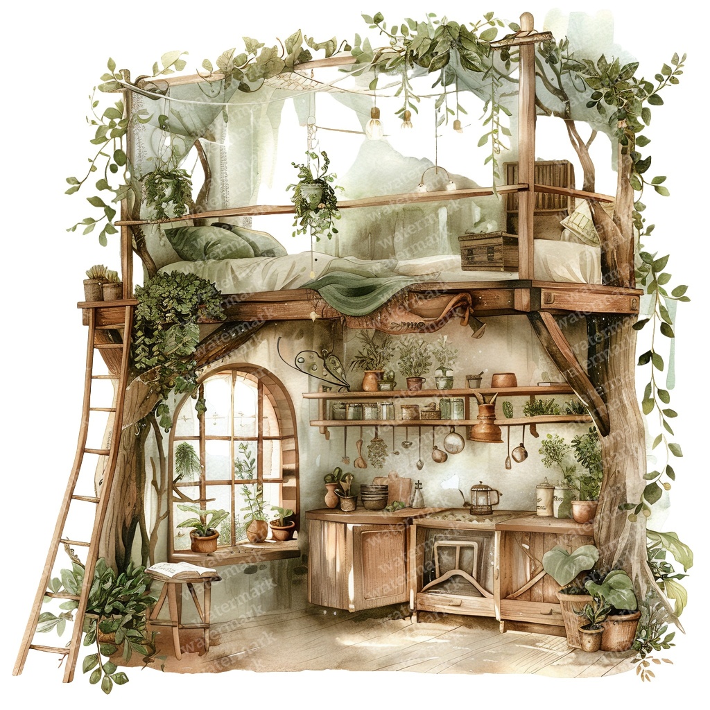 【商用利用可】妖精ツリーハウス室内(水彩フェアリーインテリア)クリップアート20点セット|高解像度・透過PNG|ファンタジー・コラージュ・ジャンクジャーナル素材|即ダウンロード