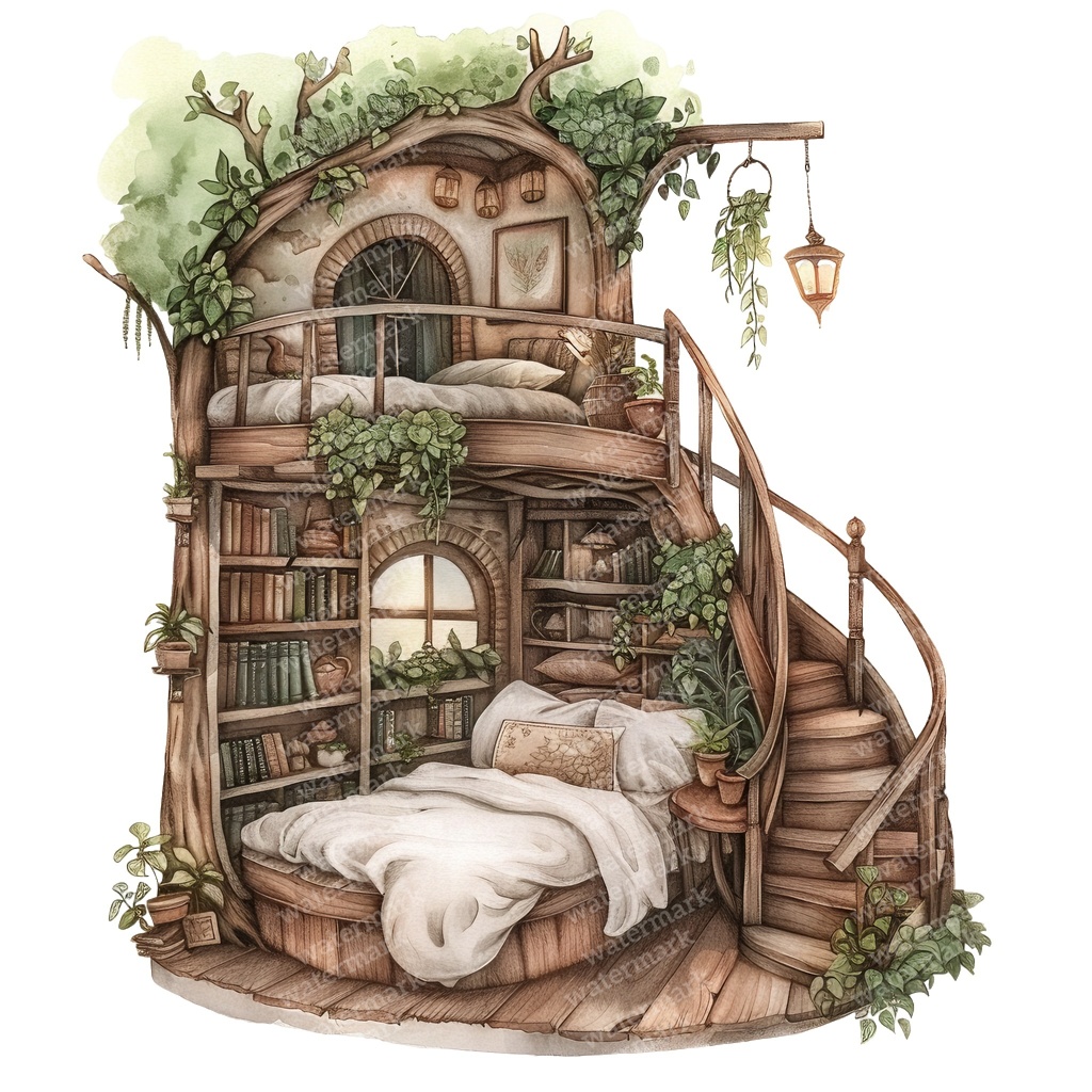 【商用利用可】妖精ツリーハウス室内(水彩フェアリーインテリア)クリップアート20点セット|高解像度・透過PNG|ファンタジー・コラージュ・ジャンクジャーナル素材|即ダウンロード
