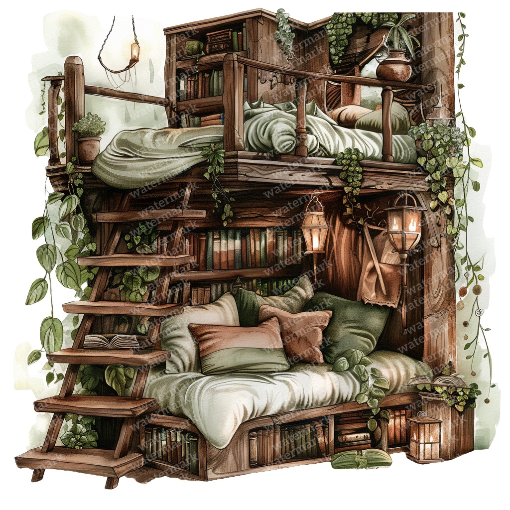【商用利用可】妖精ツリーハウス室内(水彩フェアリーインテリア)クリップアート20点セット|高解像度・透過PNG|ファンタジー・コラージュ・ジャンクジャーナル素材|即ダウンロード