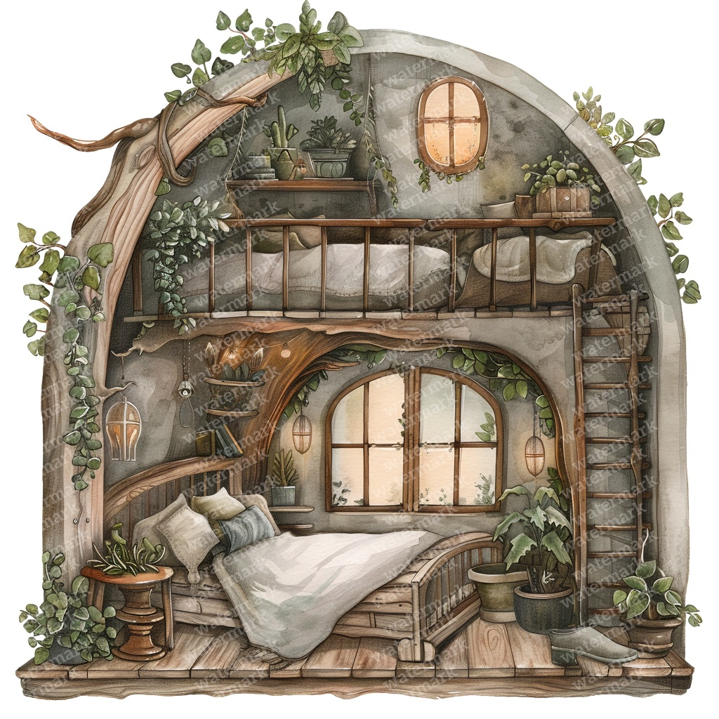 【商用利用可】妖精ツリーハウス室内(水彩フェアリーインテリア)クリップアート20点セット|高解像度・透過PNG|ファンタジー・コラージュ・ジャンクジャーナル素材|即ダウンロード
