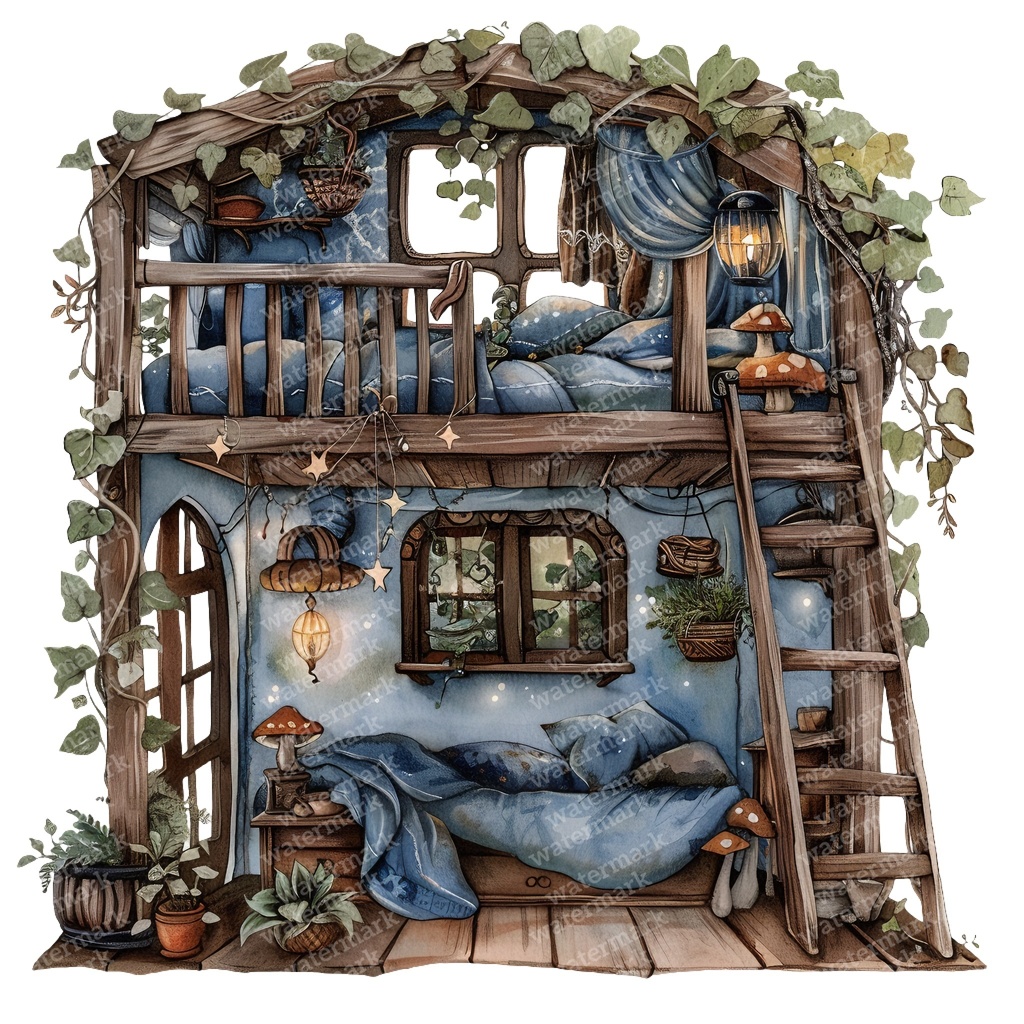【商用利用可】妖精ツリーハウス室内(水彩フェアリーインテリア)クリップアート20点セット|高解像度・透過PNG|ファンタジー・コラージュ・ジャンクジャーナル素材|即ダウンロード