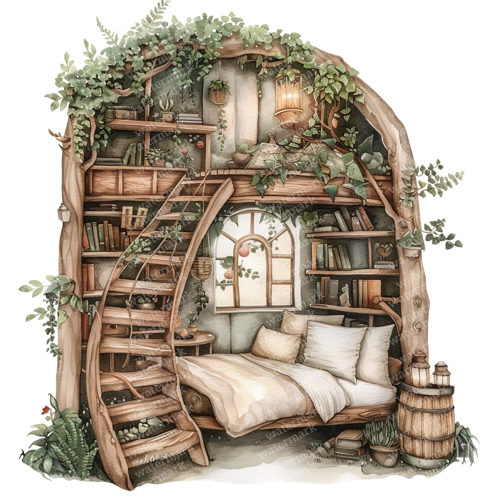 【商用利用可】妖精ツリーハウス室内(水彩フェアリーインテリア)クリップアート20点セット|高解像度・透過PNG|ファンタジー・コラージュ・ジャンクジャーナル素材|即ダウンロード