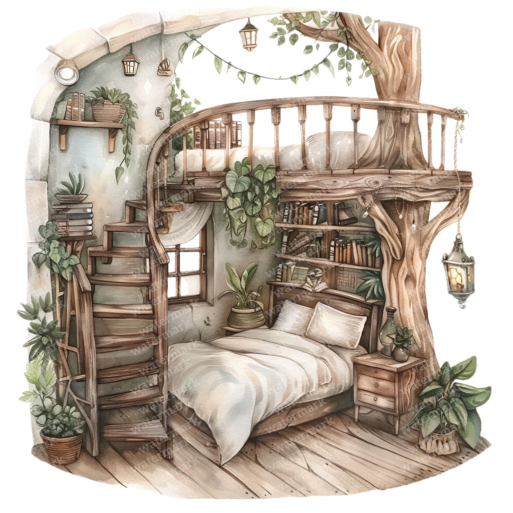 【商用利用可】妖精ツリーハウス室内(水彩フェアリーインテリア)クリップアート20点セット|高解像度・透過PNG|ファンタジー・コラージュ・ジャンクジャーナル素材|即ダウンロード