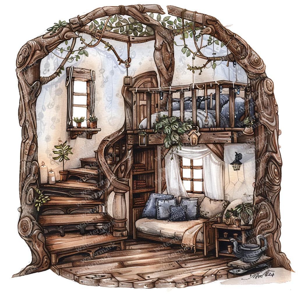 【商用利用可】妖精ツリーハウス室内(水彩フェアリーインテリア)クリップアート20点セット|高解像度・透過PNG|ファンタジー・コラージュ・ジャンクジャーナル素材|即ダウンロード