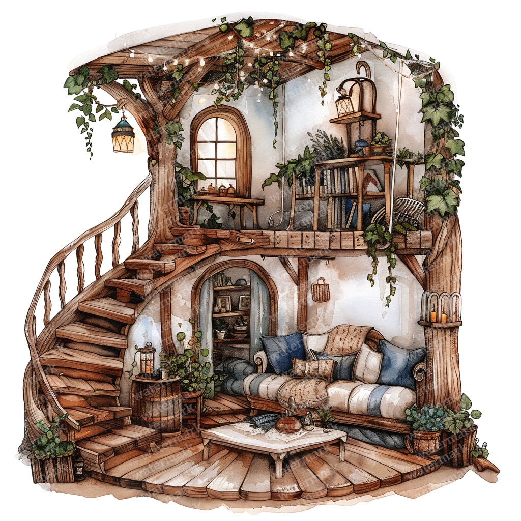 【商用利用可】妖精ツリーハウス室内(水彩フェアリーインテリア)クリップアート20点セット|高解像度・透過PNG|ファンタジー・コラージュ・ジャンクジャーナル素材|即ダウンロード