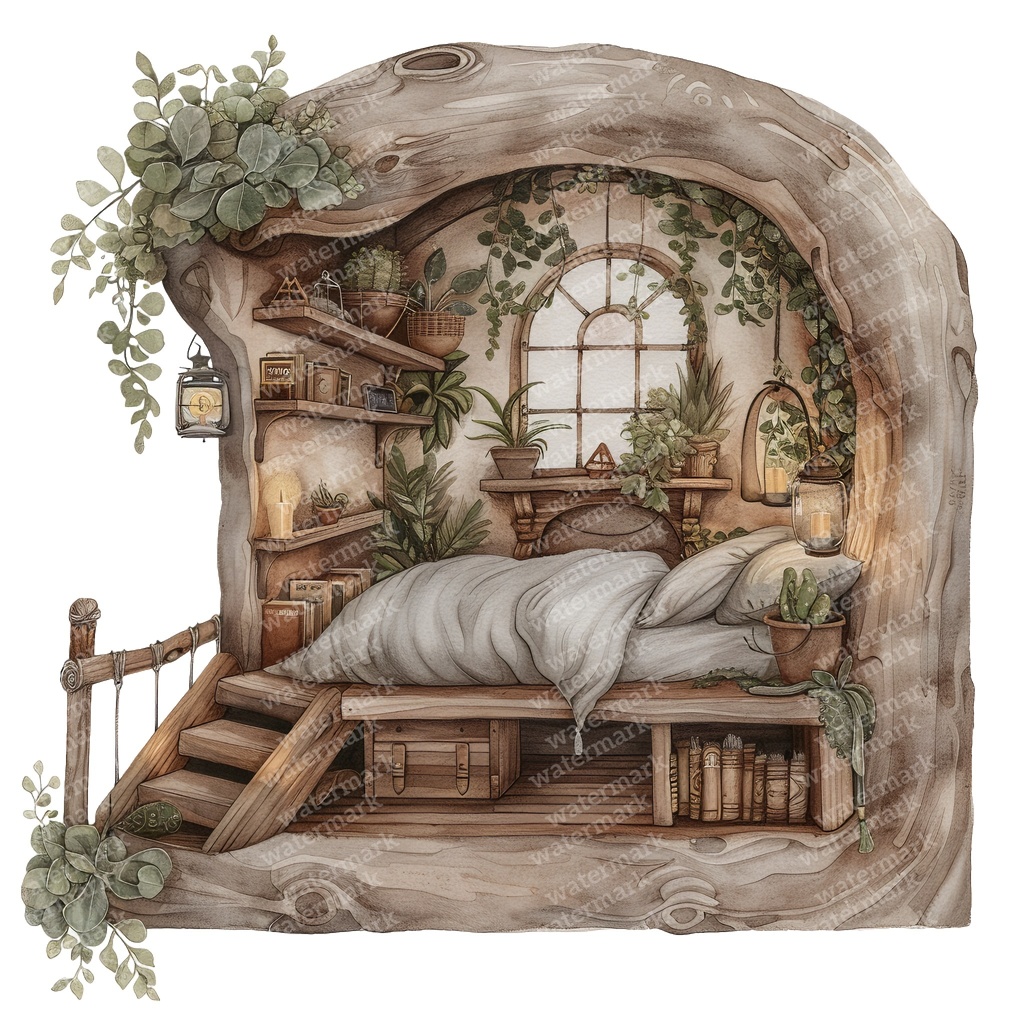 【商用利用可】妖精ツリーハウス室内(水彩フェアリーインテリア)クリップアート20点セット|高解像度・透過PNG|ファンタジー・コラージュ・ジャンクジャーナル素材|即ダウンロード