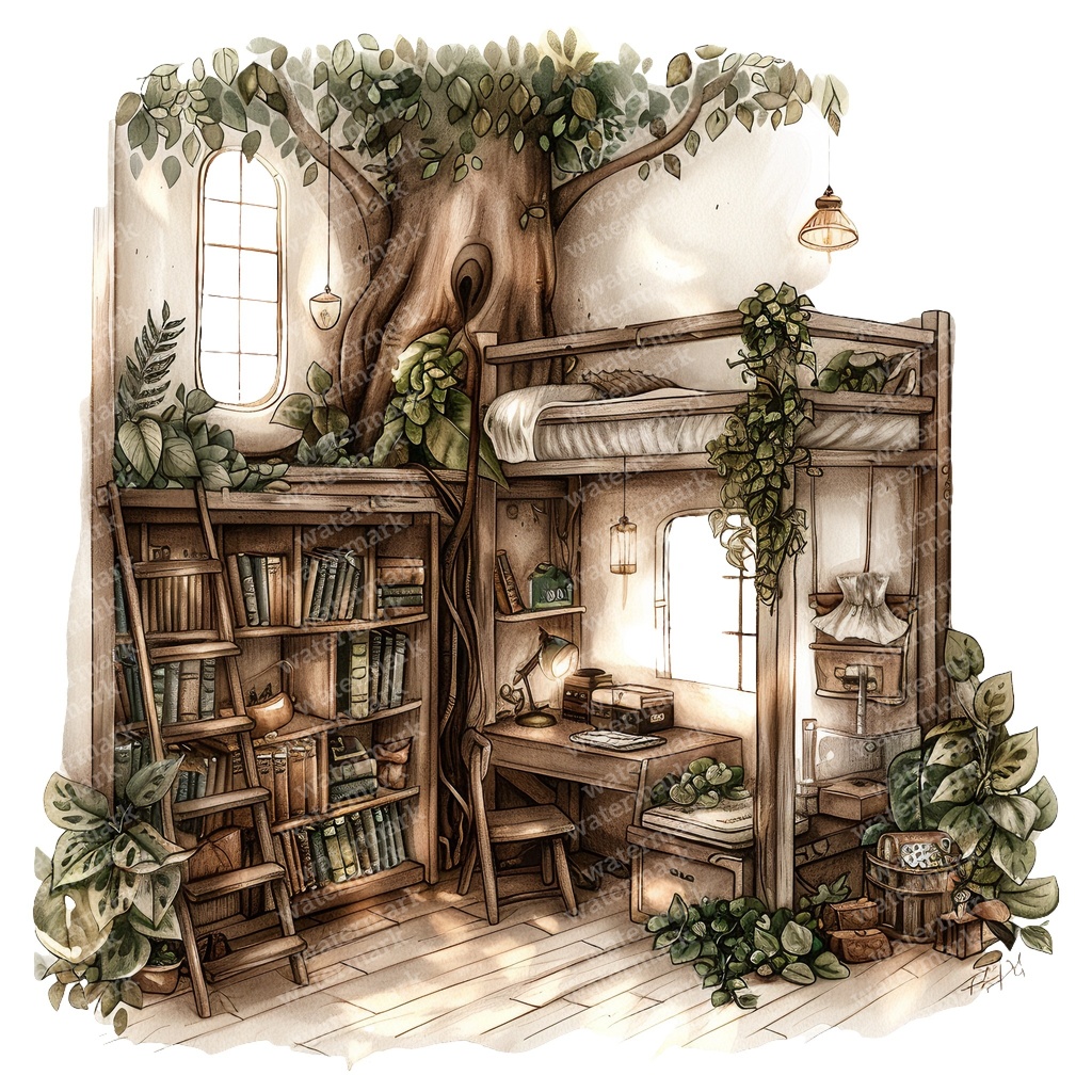 【商用利用可】妖精ツリーハウス室内(水彩フェアリーインテリア)クリップアート20点セット|高解像度・透過PNG|ファンタジー・コラージュ・ジャンクジャーナル素材|即ダウンロード