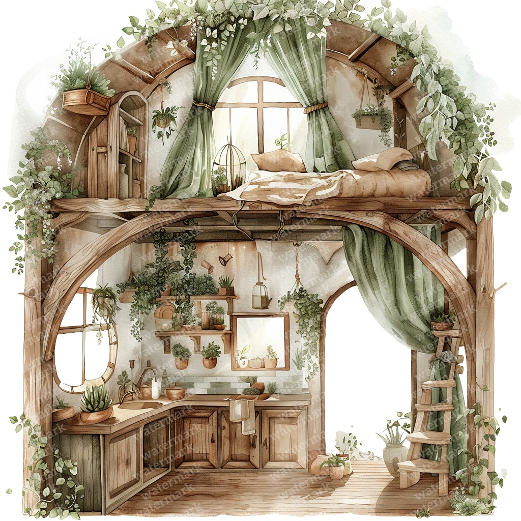 【商用利用可】妖精ツリーハウス室内(水彩フェアリーインテリア)クリップアート20点セット|高解像度・透過PNG|ファンタジー・コラージュ・ジャンクジャーナル素材|即ダウンロード