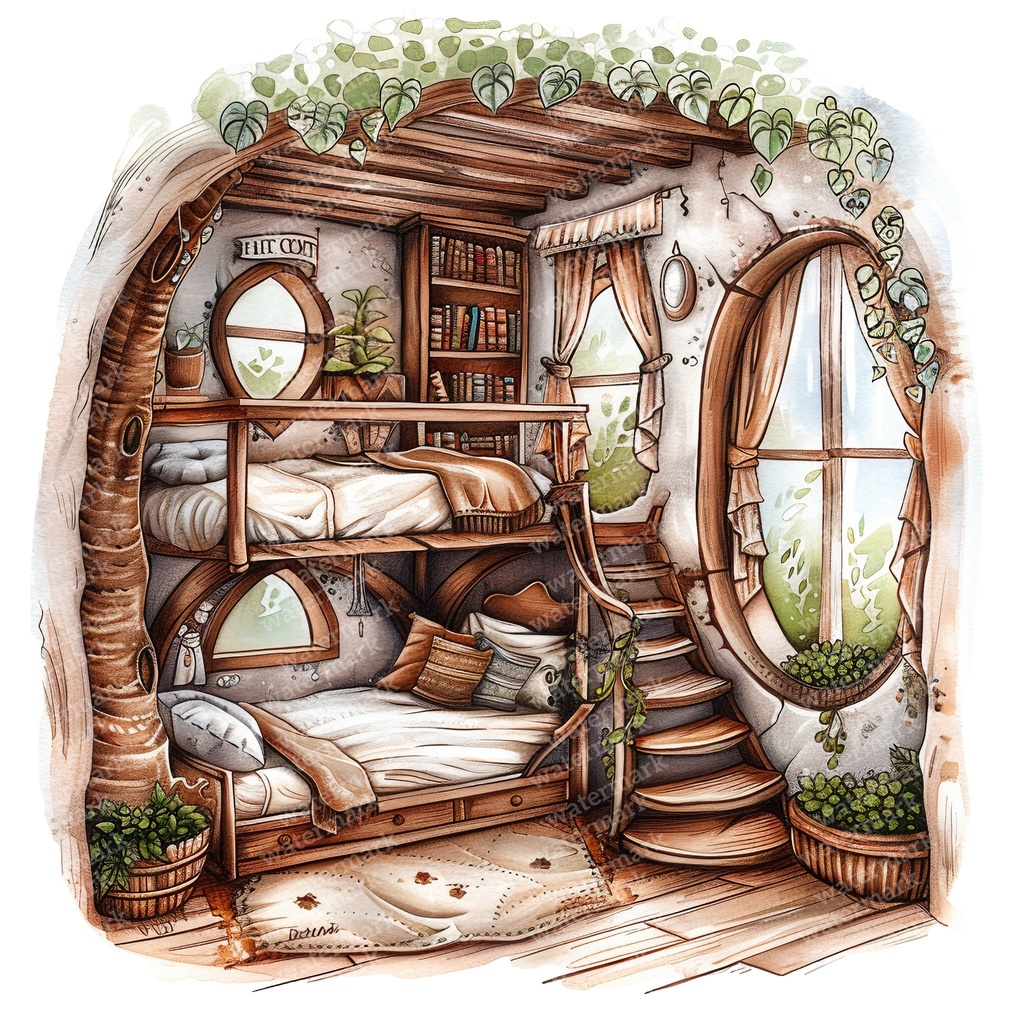 【商用利用可】妖精ツリーハウス室内(水彩フェアリーインテリア)クリップアート20点セット|高解像度・透過PNG|ファンタジー・コラージュ・ジャンクジャーナル素材|即ダウンロード