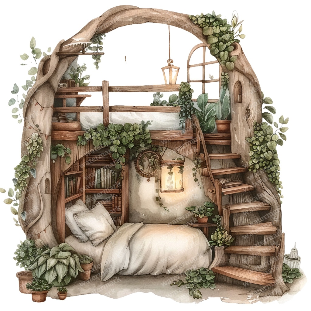 【商用利用可】妖精ツリーハウス室内(水彩フェアリーインテリア)クリップアート20点セット|高解像度・透過PNG|ファンタジー・コラージュ・ジャンクジャーナル素材|即ダウンロード