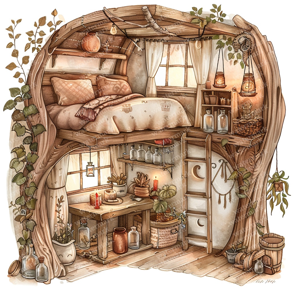 【商用利用可】妖精ツリーハウス室内(水彩フェアリーインテリア)クリップアート20点セット|高解像度・透過PNG|ファンタジー・コラージュ・ジャンクジャーナル素材|即ダウンロード