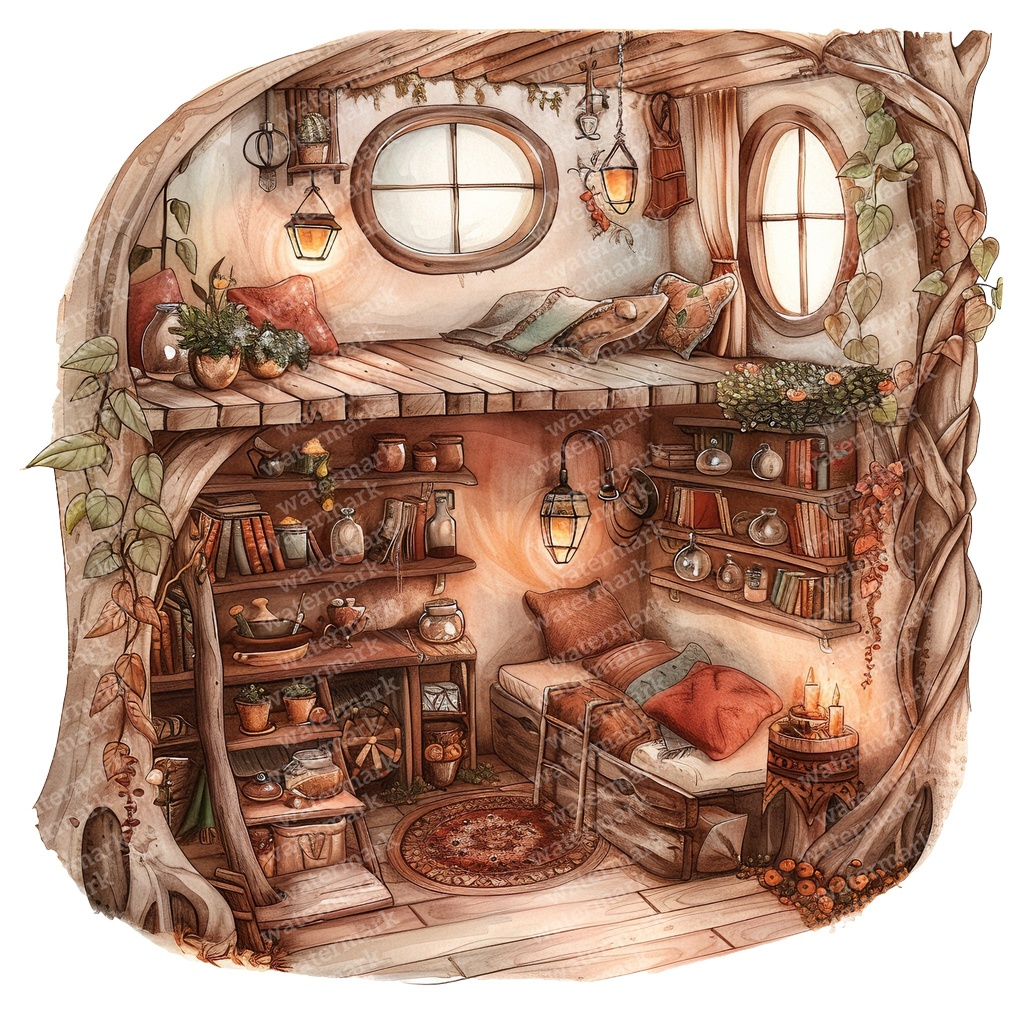 【商用利用可】妖精ツリーハウス室内(水彩フェアリーインテリア)クリップアート20点セット|高解像度・透過PNG|ファンタジー・コラージュ・ジャンクジャーナル素材|即ダウンロード