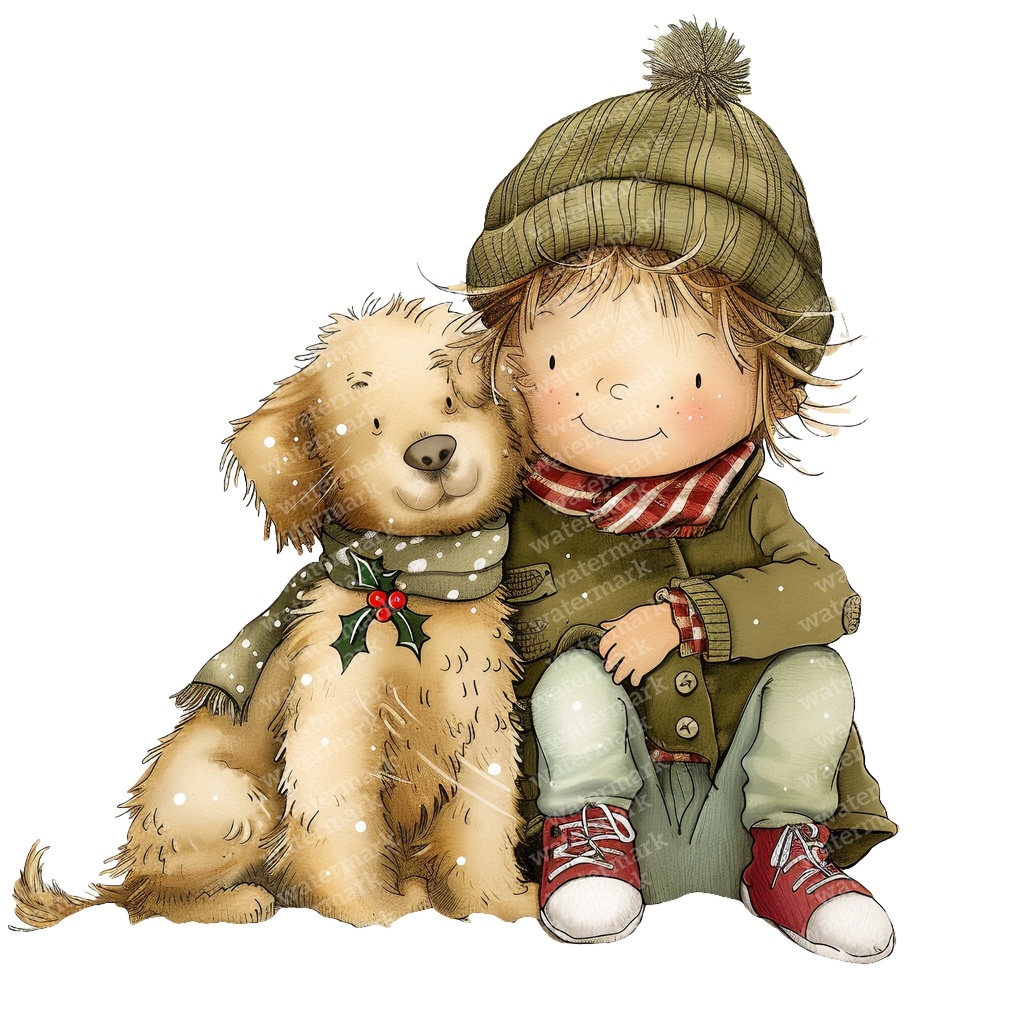 【商用利用可】冬の男の子と犬(水彩ウィンターキッズ&ドッグ)クリップアート16点セット|高解像度・透過PNG|雪遊び・コラージュ・ジャンクジャーナル素材|即ダウンロード