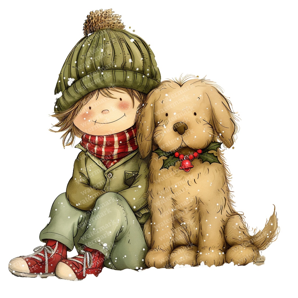 【商用利用可】冬の男の子と犬(水彩ウィンターキッズ&ドッグ)クリップアート16点セット|高解像度・透過PNG|雪遊び・コラージュ・ジャンクジャーナル素材|即ダウンロード