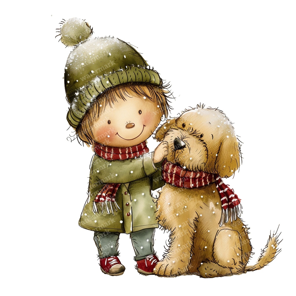 【商用利用可】冬の男の子と犬(水彩ウィンターキッズ&ドッグ)クリップアート16点セット|高解像度・透過PNG|雪遊び・コラージュ・ジャンクジャーナル素材|即ダウンロード
