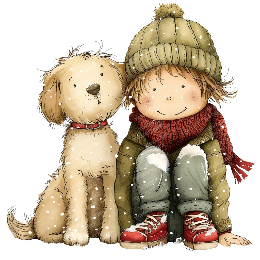 【商用利用可】冬の男の子と犬(水彩ウィンターキッズ&ドッグ)クリップアート16点セット|高解像度・透過PNG|雪遊び・コラージュ・ジャンクジャーナル素材|即ダウンロード