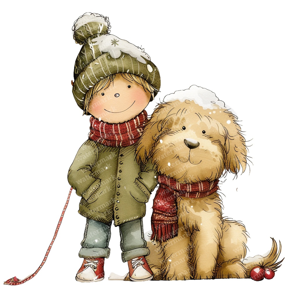 【商用利用可】冬の男の子と犬(水彩ウィンターキッズ&ドッグ)クリップアート16点セット|高解像度・透過PNG|雪遊び・コラージュ・ジャンクジャーナル素材|即ダウンロード