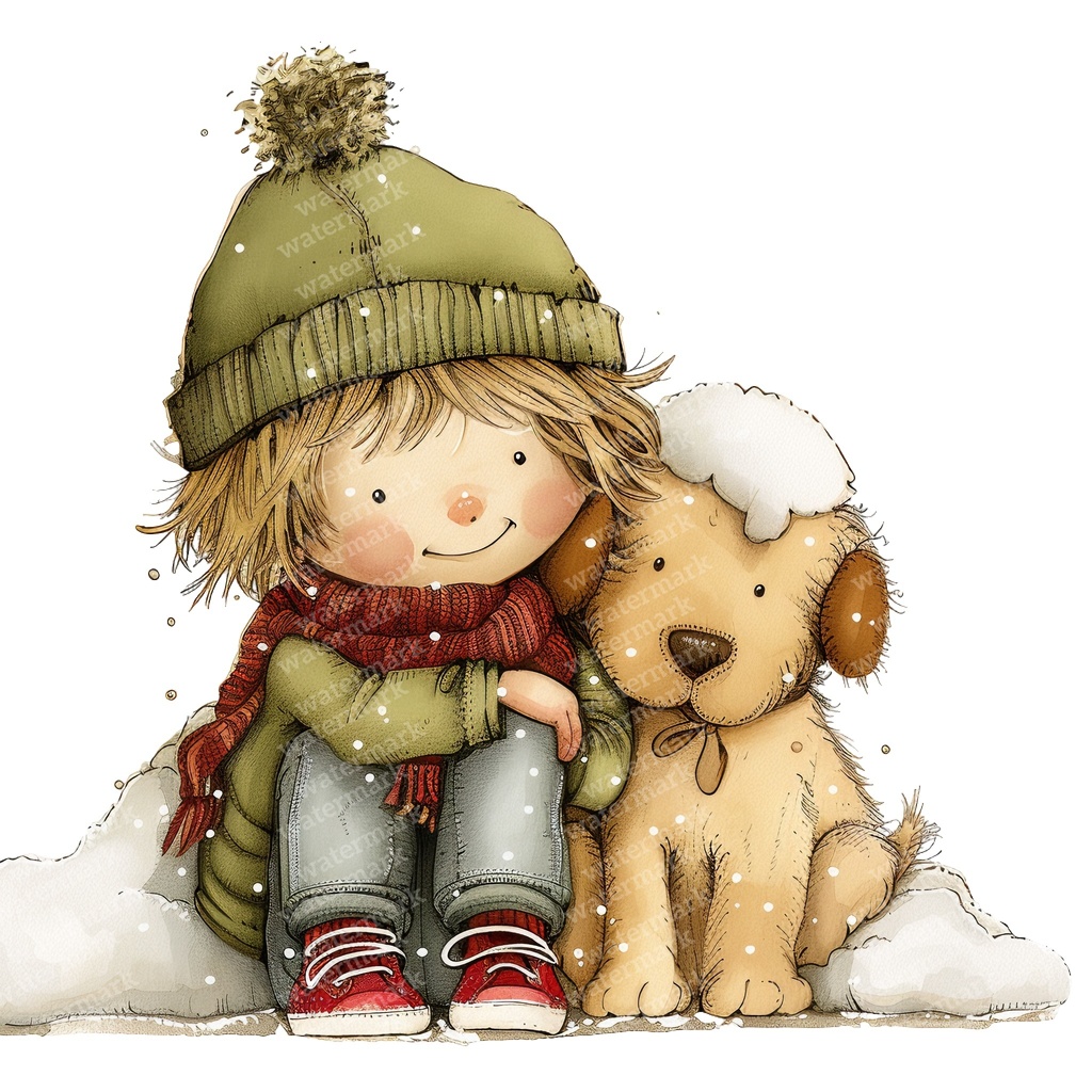 【商用利用可】冬の男の子と犬(水彩ウィンターキッズ&ドッグ)クリップアート16点セット|高解像度・透過PNG|雪遊び・コラージュ・ジャンクジャーナル素材|即ダウンロード