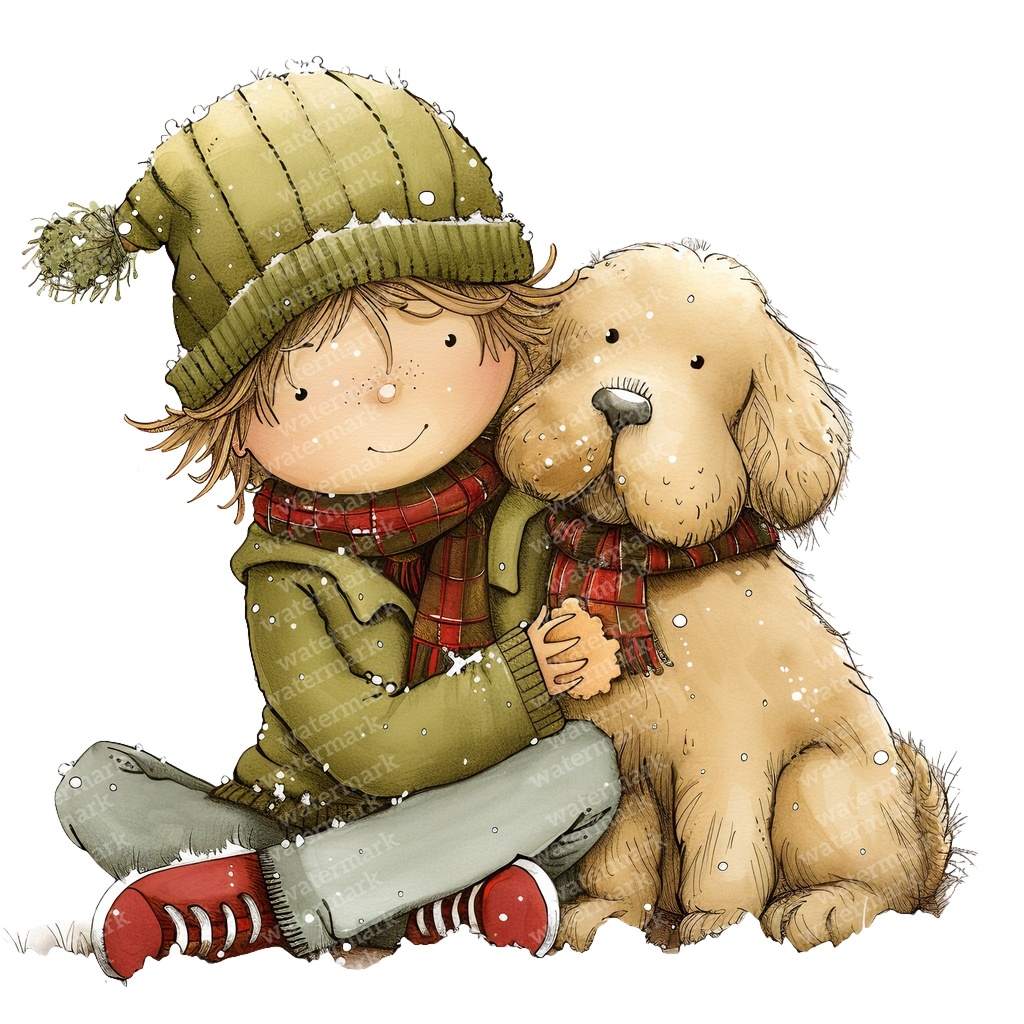 【商用利用可】冬の男の子と犬(水彩ウィンターキッズ&ドッグ)クリップアート16点セット|高解像度・透過PNG|雪遊び・コラージュ・ジャンクジャーナル素材|即ダウンロード