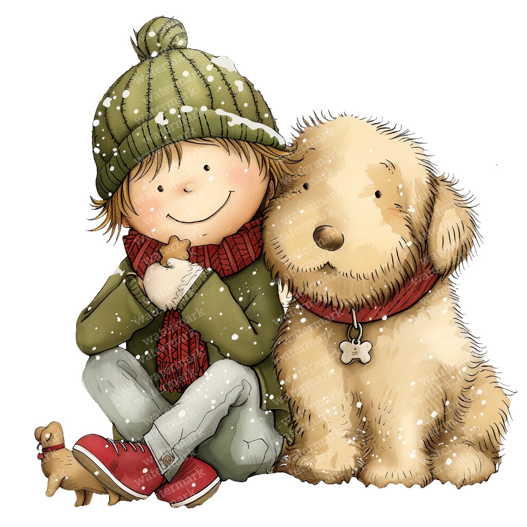 【商用利用可】冬の男の子と犬(水彩ウィンターキッズ&ドッグ)クリップアート16点セット|高解像度・透過PNG|雪遊び・コラージュ・ジャンクジャーナル素材|即ダウンロード