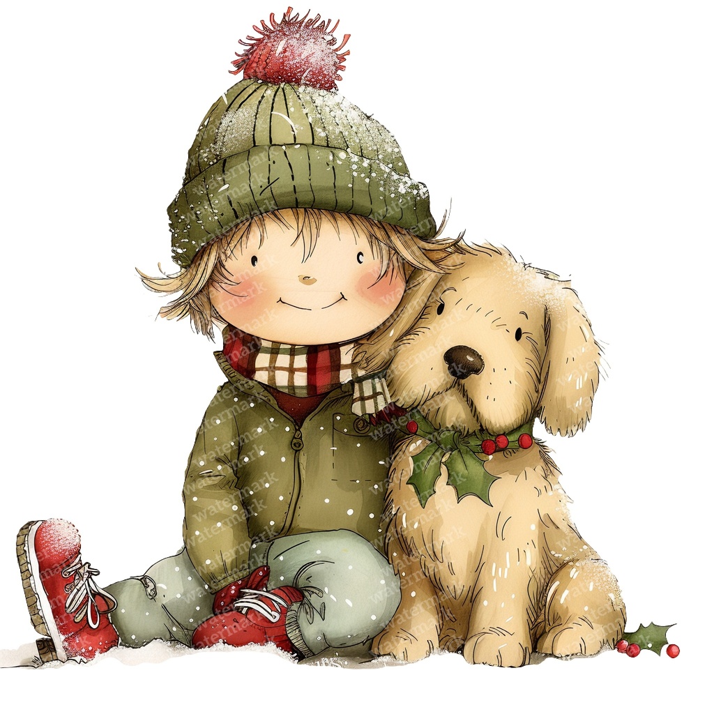 【商用利用可】冬の男の子と犬(水彩ウィンターキッズ&ドッグ)クリップアート16点セット|高解像度・透過PNG|雪遊び・コラージュ・ジャンクジャーナル素材|即ダウンロード