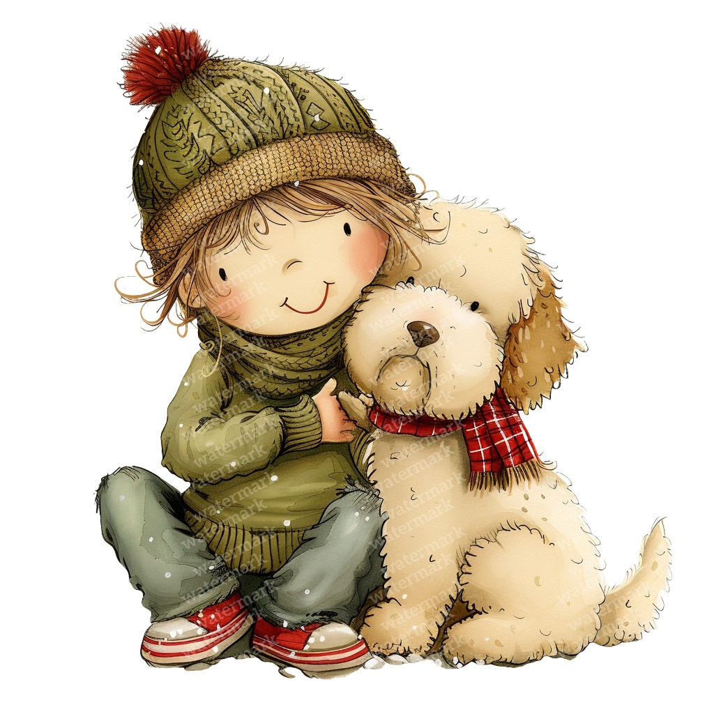 【商用利用可】冬の男の子と犬(水彩ウィンターキッズ&ドッグ)クリップアート16点セット|高解像度・透過PNG|雪遊び・コラージュ・ジャンクジャーナル素材|即ダウンロード