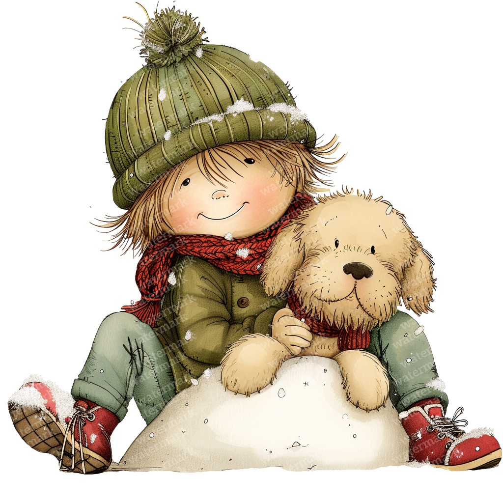【商用利用可】冬の男の子と犬(水彩ウィンターキッズ&ドッグ)クリップアート16点セット|高解像度・透過PNG|雪遊び・コラージュ・ジャンクジャーナル素材|即ダウンロード