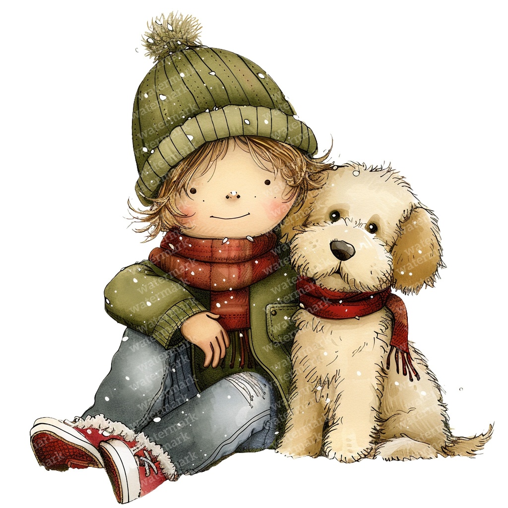 【商用利用可】冬の男の子と犬(水彩ウィンターキッズ&ドッグ)クリップアート16点セット|高解像度・透過PNG|雪遊び・コラージュ・ジャンクジャーナル素材|即ダウンロード