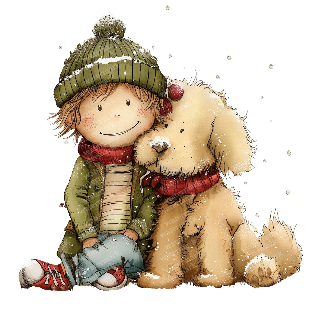 【商用利用可】冬の男の子と犬(水彩ウィンターキッズ&ドッグ)クリップアート16点セット|高解像度・透過PNG|雪遊び・コラージュ・ジャンクジャーナル素材|即ダウンロード