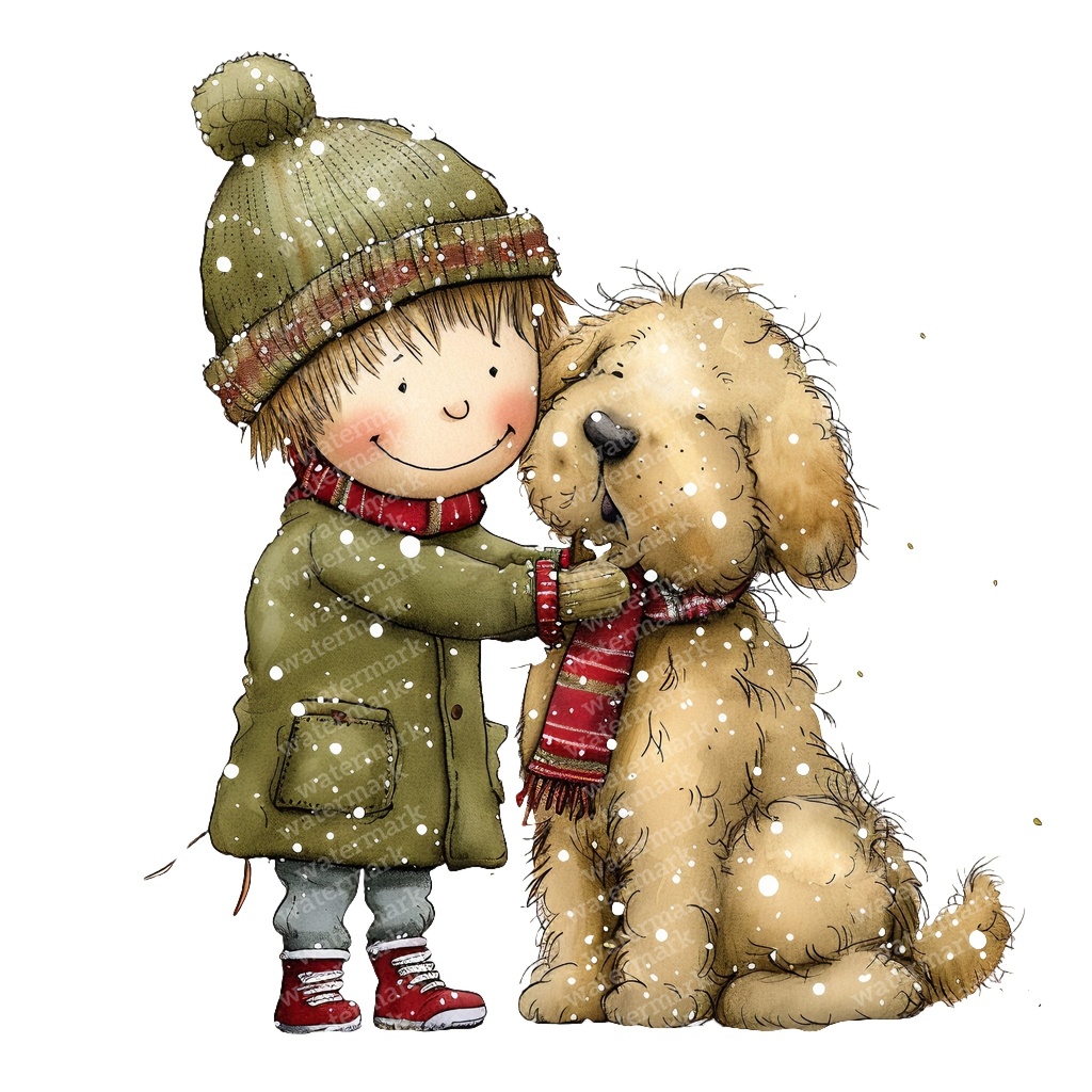 【商用利用可】冬の男の子と犬(水彩ウィンターキッズ&ドッグ)クリップアート16点セット|高解像度・透過PNG|雪遊び・コラージュ・ジャンクジャーナル素材|即ダウンロード