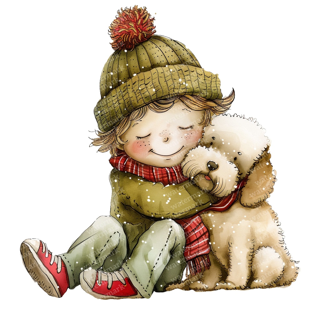 【商用利用可】冬の男の子と犬(水彩ウィンターキッズ&ドッグ)クリップアート16点セット|高解像度・透過PNG|雪遊び・コラージュ・ジャンクジャーナル素材|即ダウンロード