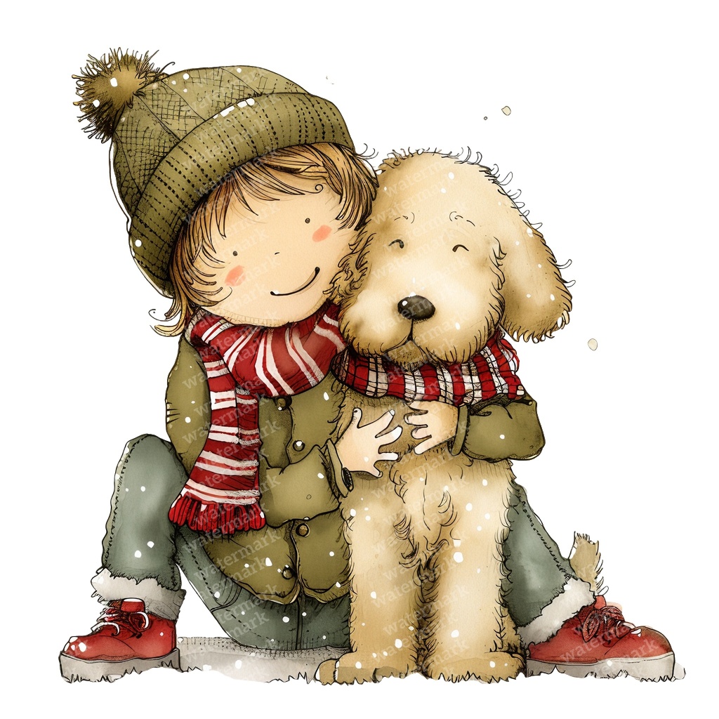 【商用利用可】冬の男の子と犬(水彩ウィンターキッズ&ドッグ)クリップアート16点セット|高解像度・透過PNG|雪遊び・コラージュ・ジャンクジャーナル素材|即ダウンロード