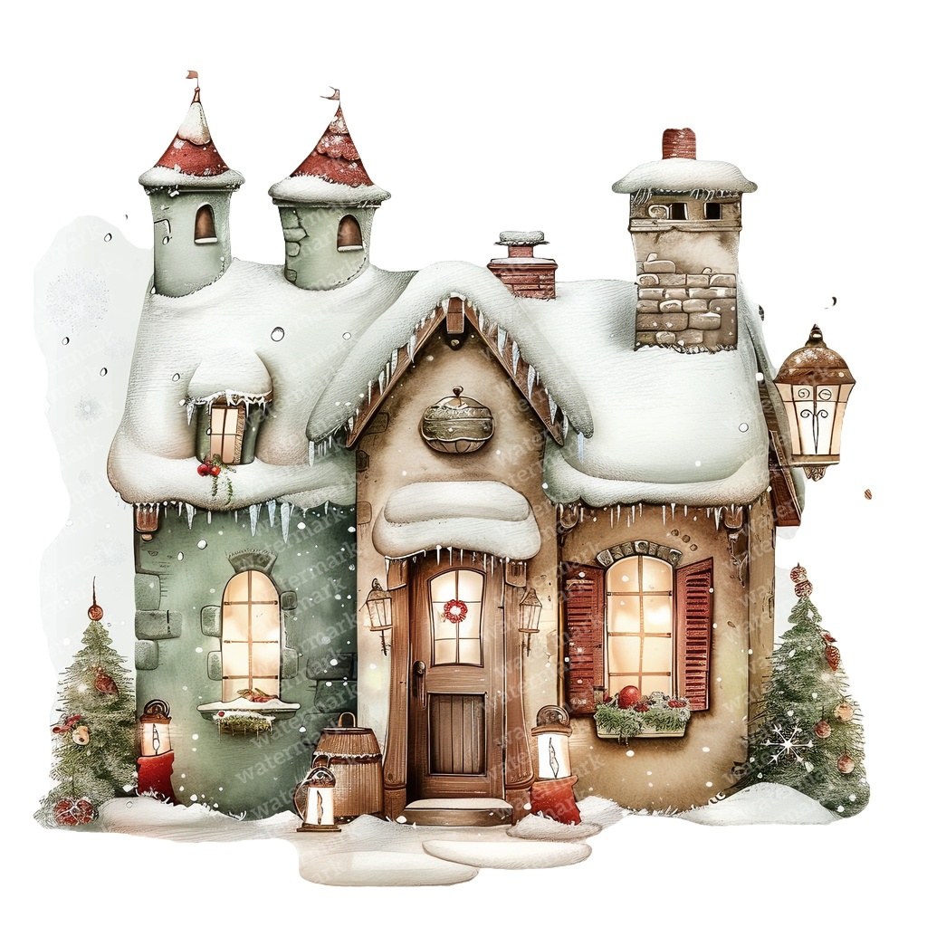 【商用利用可】魔法の冬の家(水彩ウィンターハウス)クリップアート15点セット|高解像度JPG|雪景色・ファンタジー風景|コラージュ・ジャンクジャーナル素材|即ダウンロード