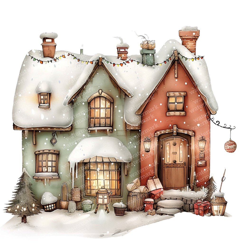 【商用利用可】魔法の冬の家（水彩ウィンターハウス）クリップアート15点セット｜高解像度JPG｜雪景色・ファンタジー風景｜コラージュ・ジャンクジャーナル素材｜即ダウンロード