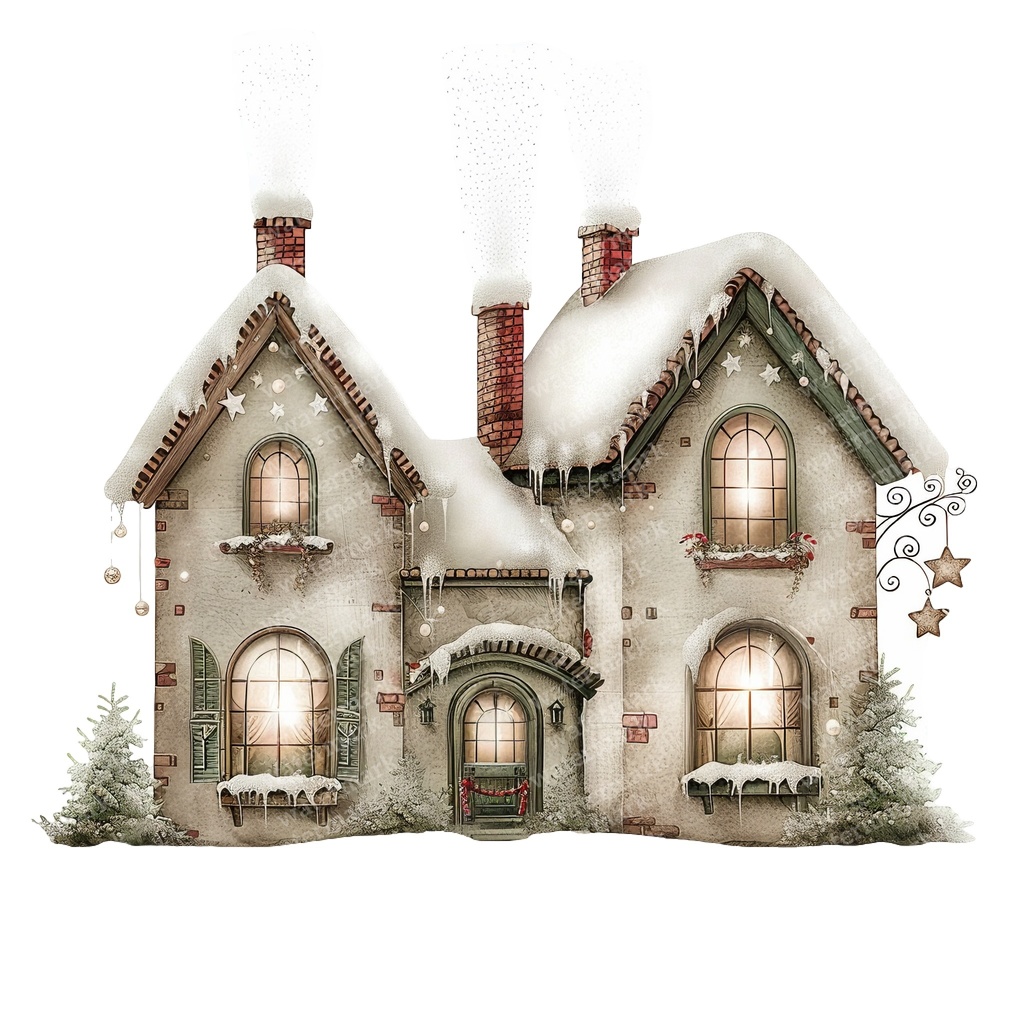 【商用利用可】魔法の冬の家(水彩ウィンターハウス)クリップアート15点セット|高解像度JPG|雪景色・ファンタジー風景|コラージュ・ジャンクジャーナル素材|即ダウンロード